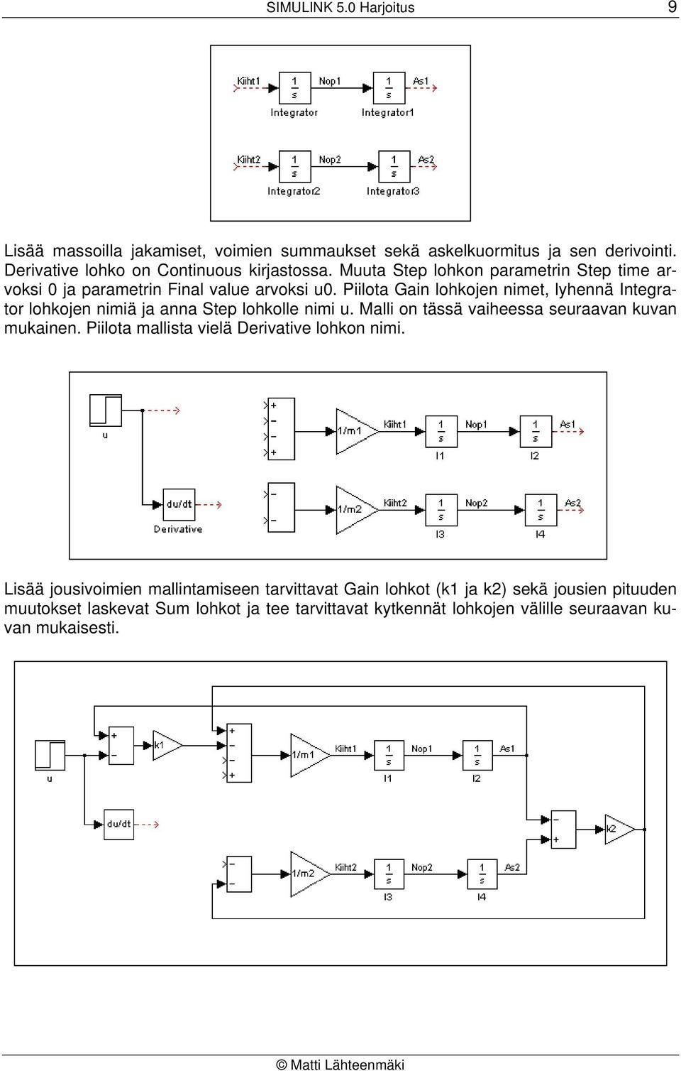 Piilota Gain lohkojen nimet, lyhennä Integrator lohkojen nimiä ja anna Step lohkolle nimi u. Malli on tässä vaiheessa seuraavan kuvan mukainen.