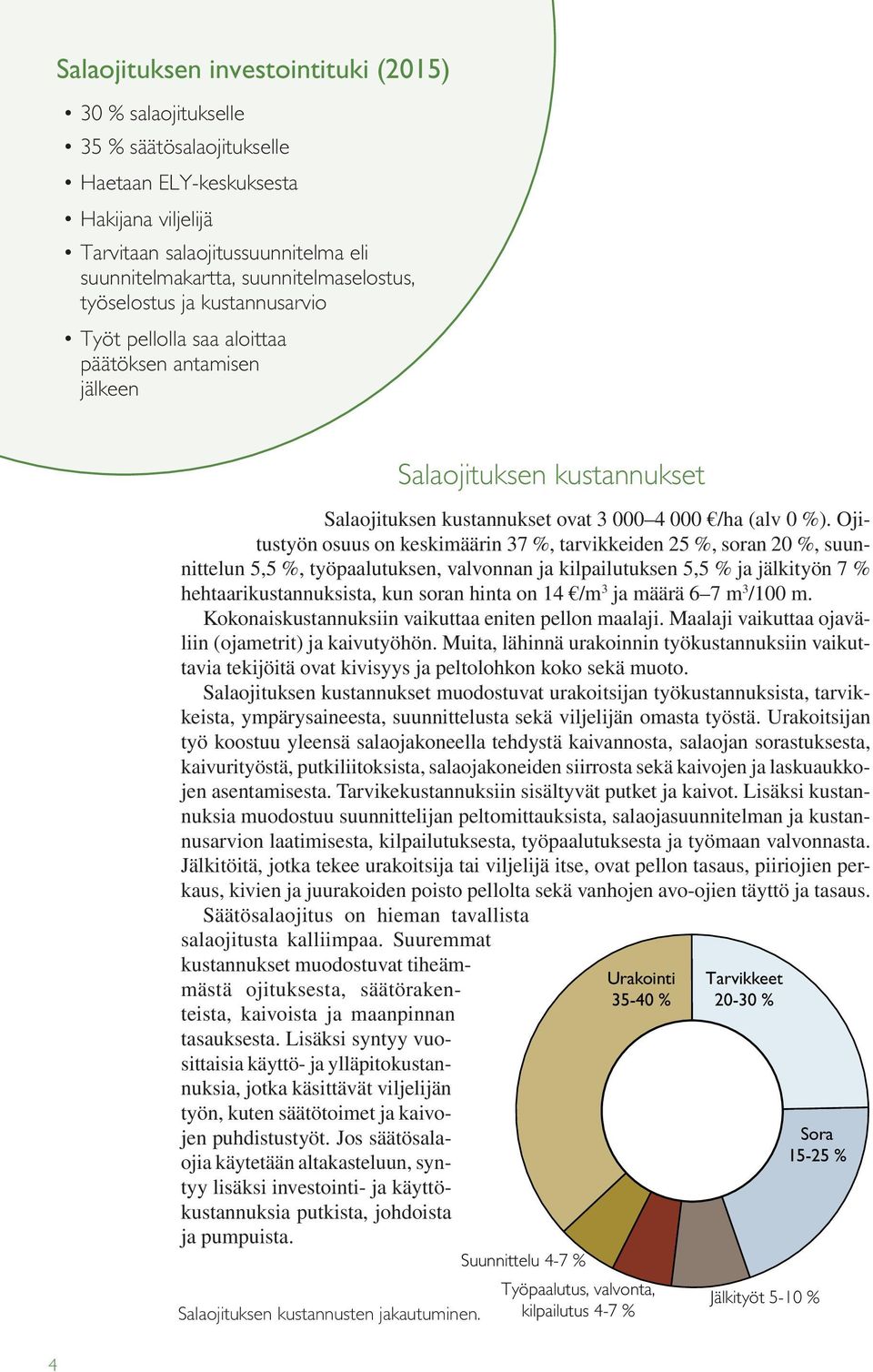 Ojitustyön osuus on keskimäärin 37 %, tarvikkeiden 25 %, soran 20 %, suunnittelun 5,5 %, työpaalutuksen, valvonnan ja kilpailutuksen 5,5 % ja jälkityön 7 % hehtaarikustannuksista, kun soran hinta on