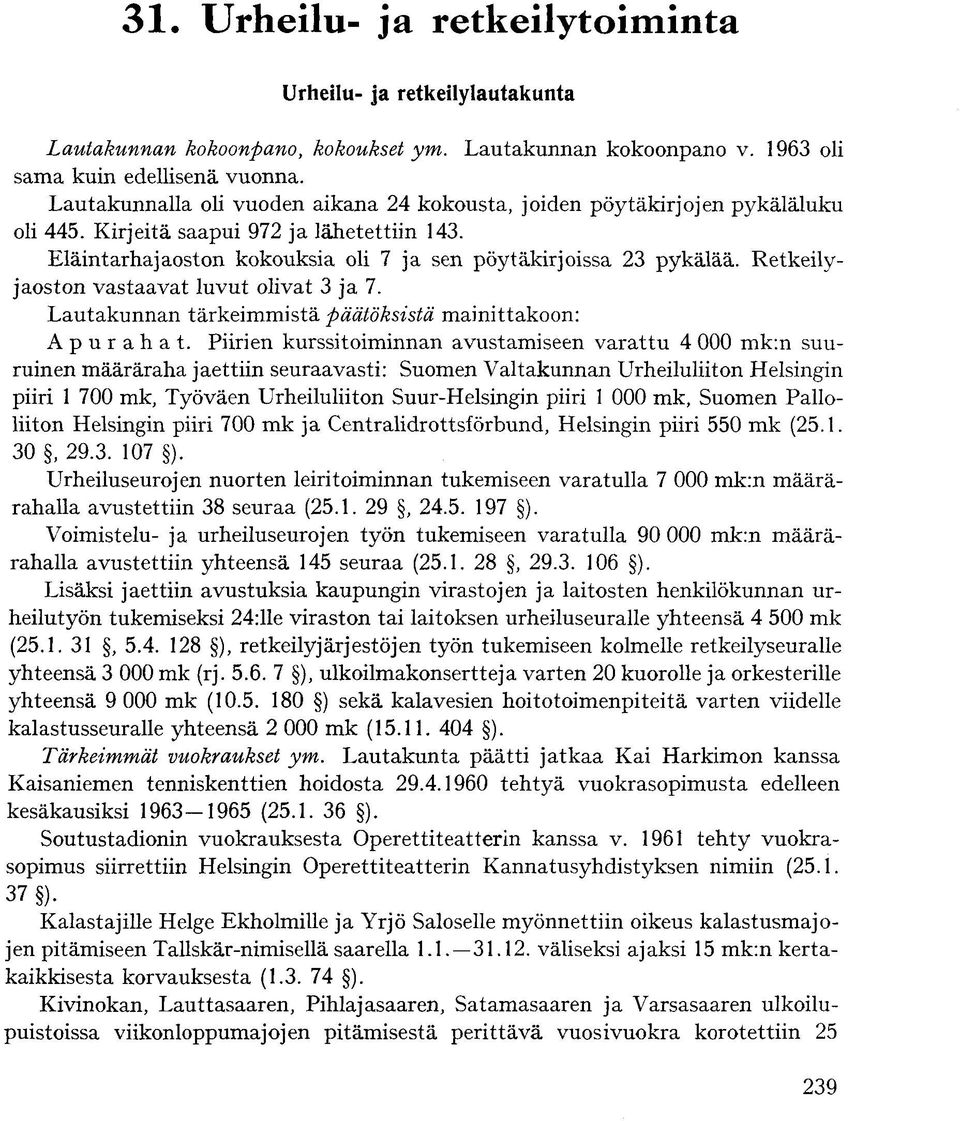 Retkeilyjaoston vastaavat luvut olivat 3 ja 7. Lautakunnan tärkeimmistä päätöksistä mainittakoon: Apurahat.