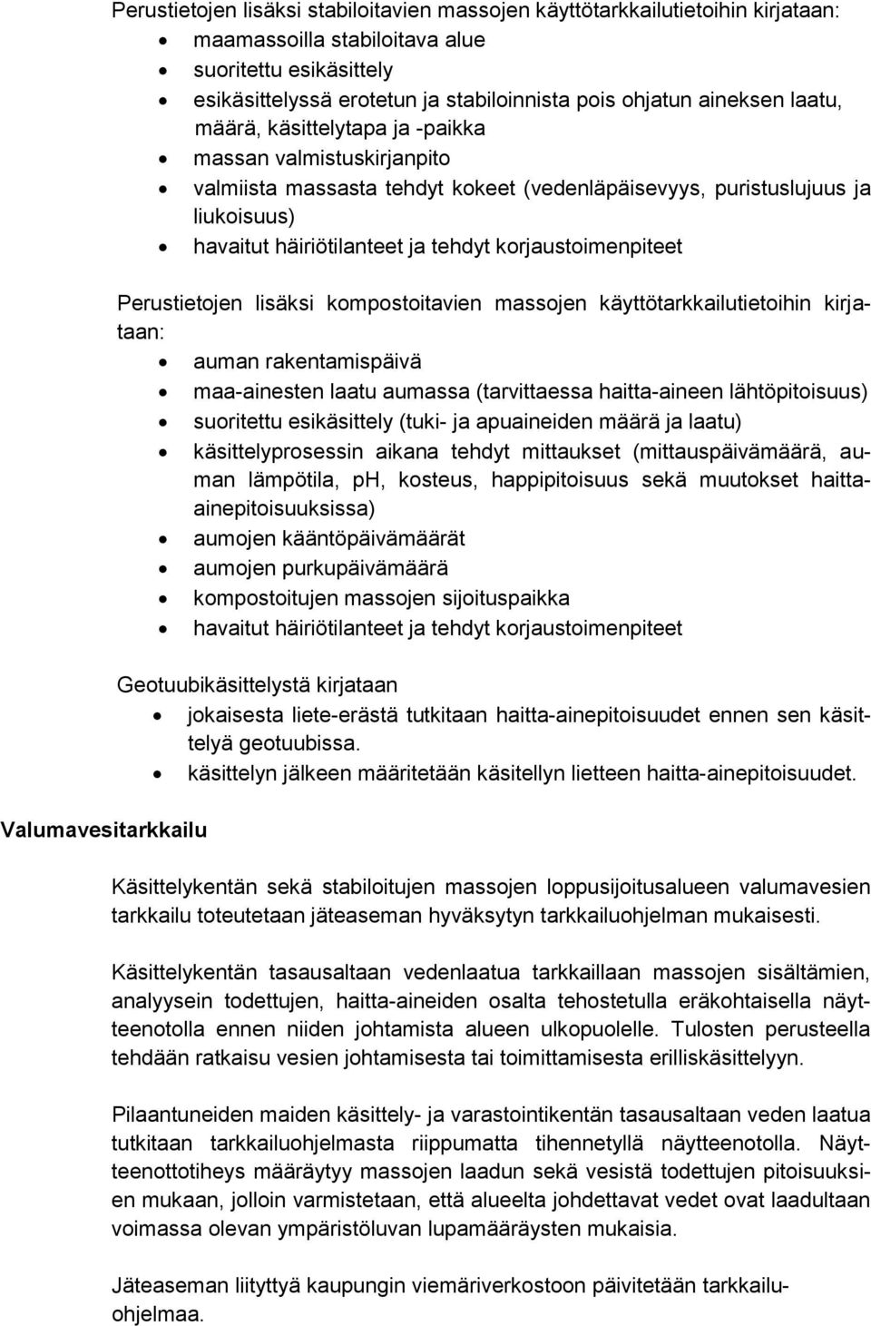 korjaustoimenpiteet Valumavesitarkkailu Perustietojen lisäksi kompostoitavien massojen käyttötarkkailutietoihin kirjataan: auman rakentamispäivä maa-ainesten laatu aumassa (tarvittaessa haitta-aineen