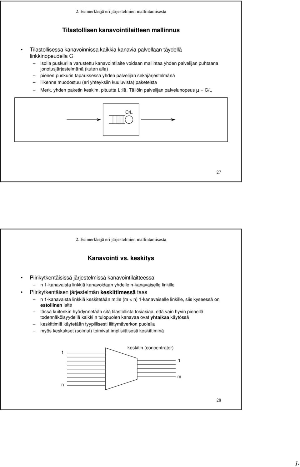 yhden paketin keskim. pituutta L:llä. Tällöin palvelijan palvelunopeus µ = C/L C/L 27 Kanavointi vs.