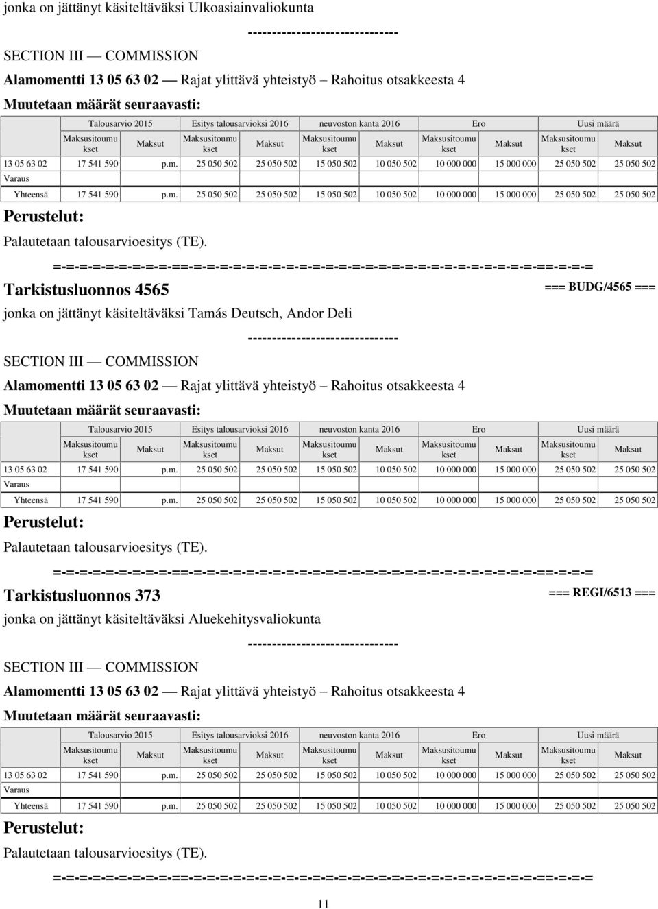 Tarkistusluonnos 4565 === BUDG/4565 === jonka on jättänyt käsiteltäväksi Tamás Deutsch, Andor Deli Alamomentti 13 05 63 02 Rajat ylittävä yhteistyö Rahoitus otsakkeesta 4 13 05 63 02 17 541 590 p.m. 25 050 502 25 050 502 15 050 502 10 050 502 10 000 000 15 000 000 25 050 502 25 050 502 Yhteensä 17 541 590 p.