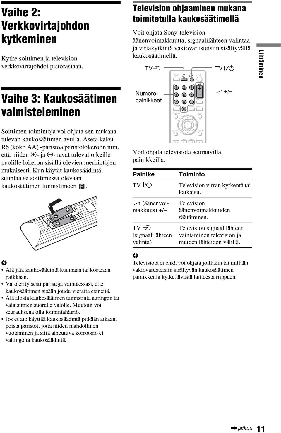 TVt PICTURE NAVI TV TV TV Liittäminen Vaihe 3: Kaukosäätimen valmisteleminen Numeropainikkeet CLEAR TOP MENU TIME/TEXT AUDIO SUBTITLE MENU 2 +/ Soittimen toimintoja voi ohjata sen mukana tulevan