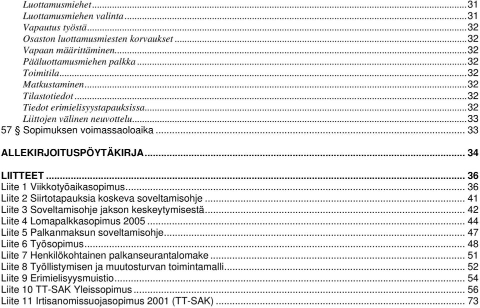 .. 36 Liite 1 Viikkotyöaikasopimus... 36 Liite 2 Siirtotapauksia koskeva soveltamisohje... 41 Liite 3 Soveltamisohje jakson keskeytymisestä... 42 Liite 4 Lomapalkkasopimus 2005.