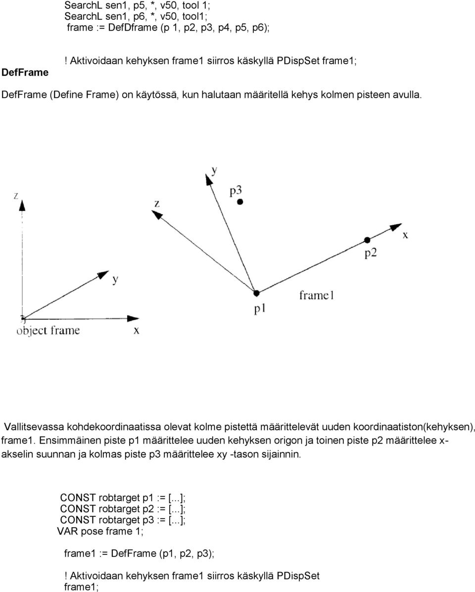 Vallitsevassa kohdekoordinaatissa olevat kolme pistettä määrittelevät uuden koordinaatiston(kehyksen), frame1.