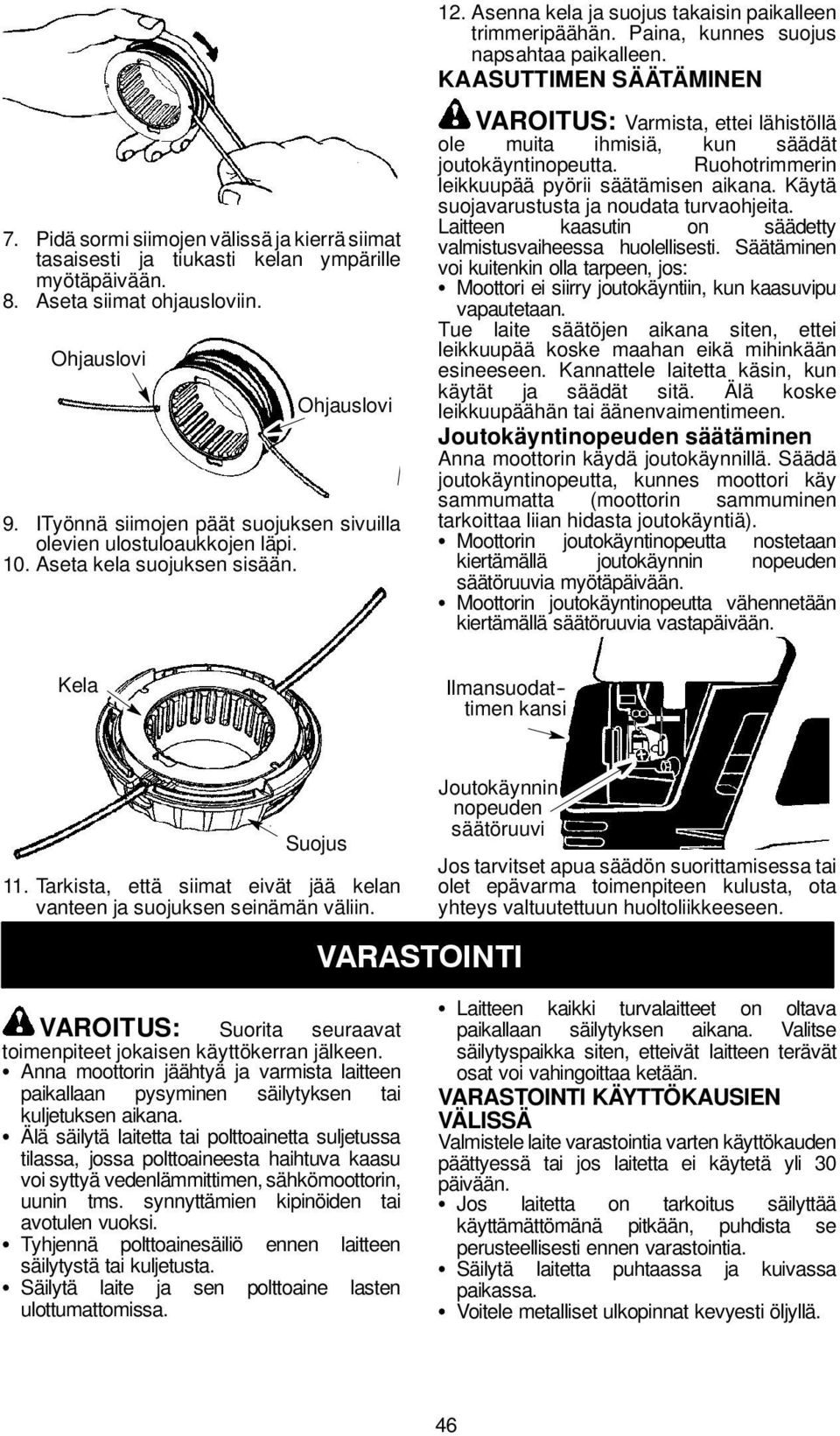 ITyönnä siimojen päät suojuksen sivuilla olevien ulostuloaukkojen läpi. 10. Aseta kela suojuksen sisään. VAROITUS: Varmista, ettei lähistöllä ole muita ihmisiä, kun säädät joutokäyntinopeutta.