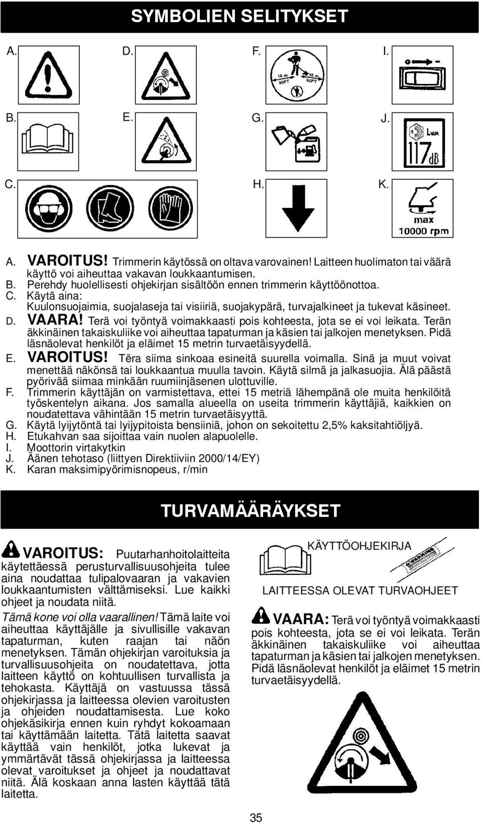 Terän äkkinäinen takaiskuliike voi aiheuttaa tapaturman ja käsien tai jalkojen menetyksen. Pidä läsnäolevat henkilöt ja eläimet 15 metrin turvaetäisyydellä. E. VAROITUS!