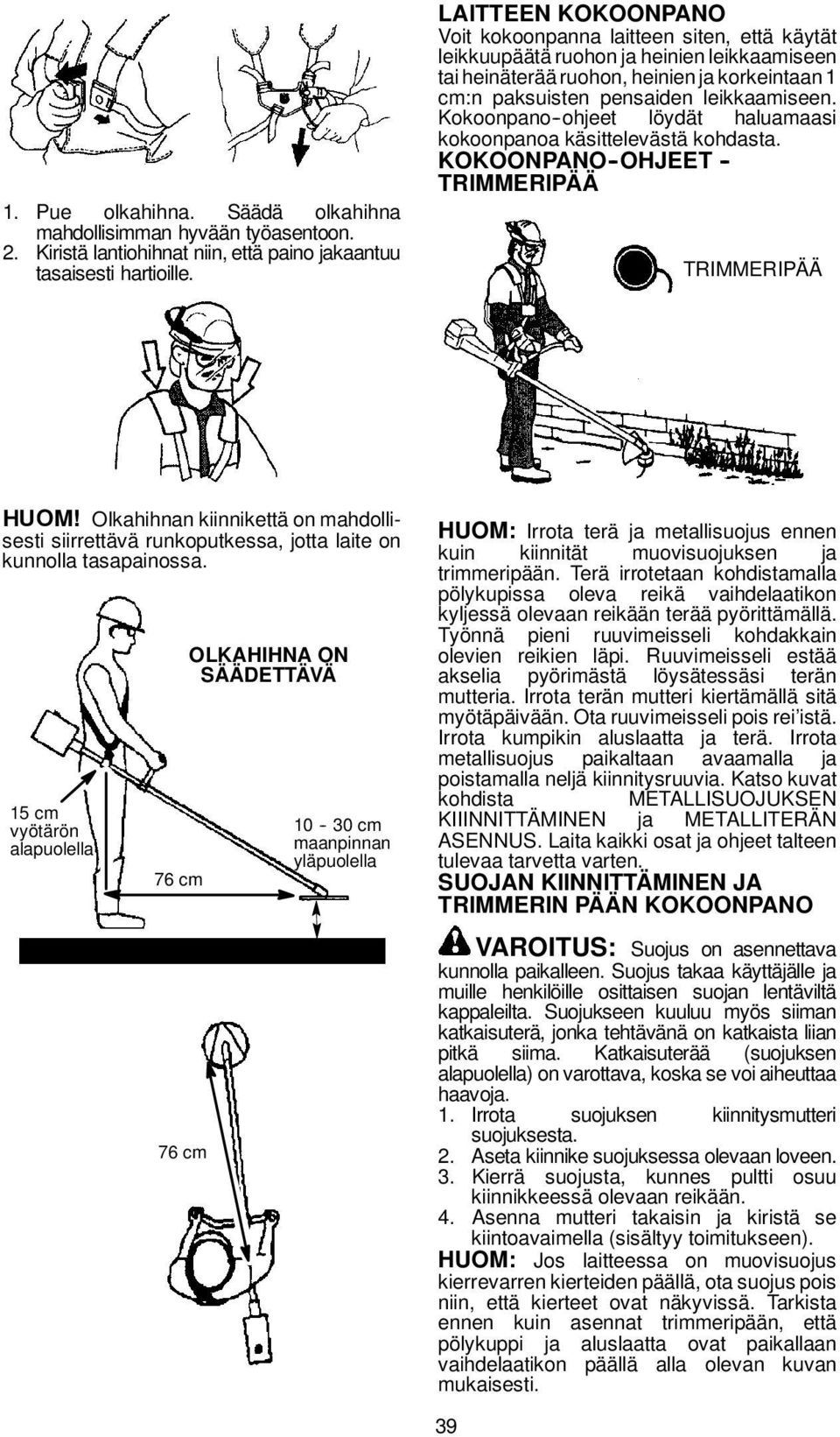 Kokoonpano -ohjeet löydät haluamaasi kokoonpanoa käsittelevästä kohdasta. KOKOONPANO -OHJEET - TRIMMERIPÄÄ TRIMMERIPÄÄ HUOM!