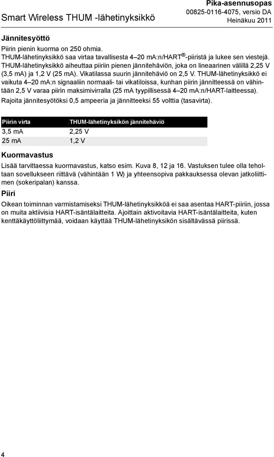 ei vaikuta 4 20 ma:n signaaliin normaali- tai vikatiloissa, kunhan piirin jännitteessä on vähintään 2,5 V varaa piirin maksimivirralla (25 ma tyypillisessä 4 20 ma:n/hart-laitteessa).