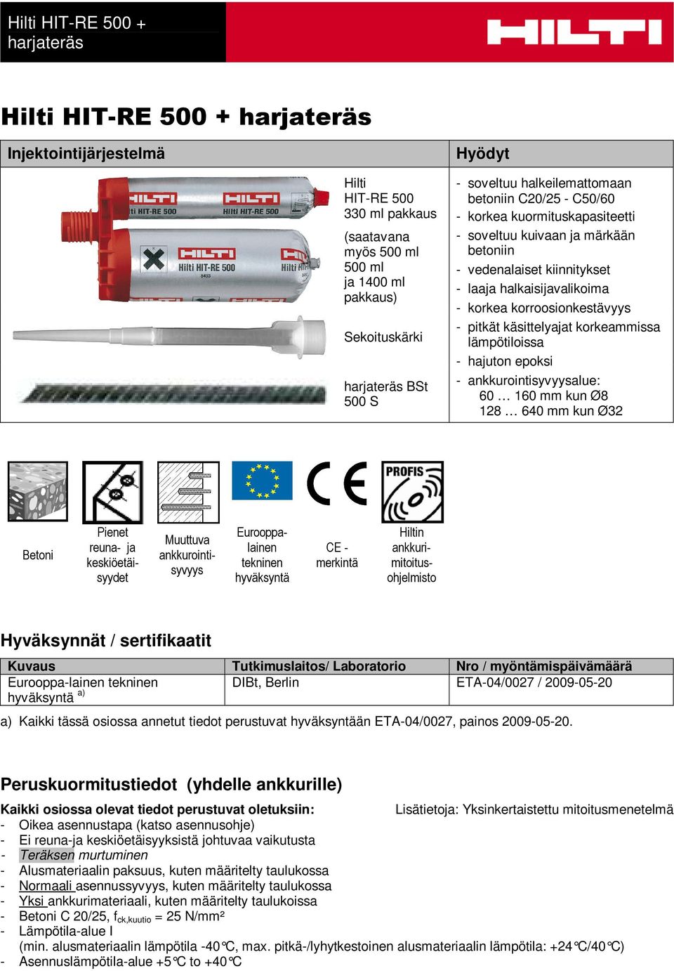 lämpötiloissa - hajuton epoksi - ankkurointisyvyysalue: 60 160 mm kun Ø8 128 640 mm kun Ø32 Betoni Pienet reuna- ja keskiöetäisyydet Muuttuva ankkurointisyvyys Eurooppalainen tekninen hyväksyntä CE -