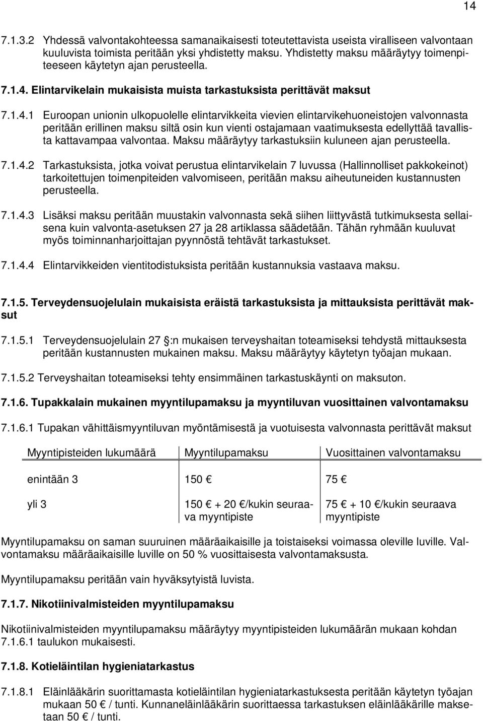 Elintarvikelain mukaisista muista tarkastuksista perittävät maksut 7.1.4.