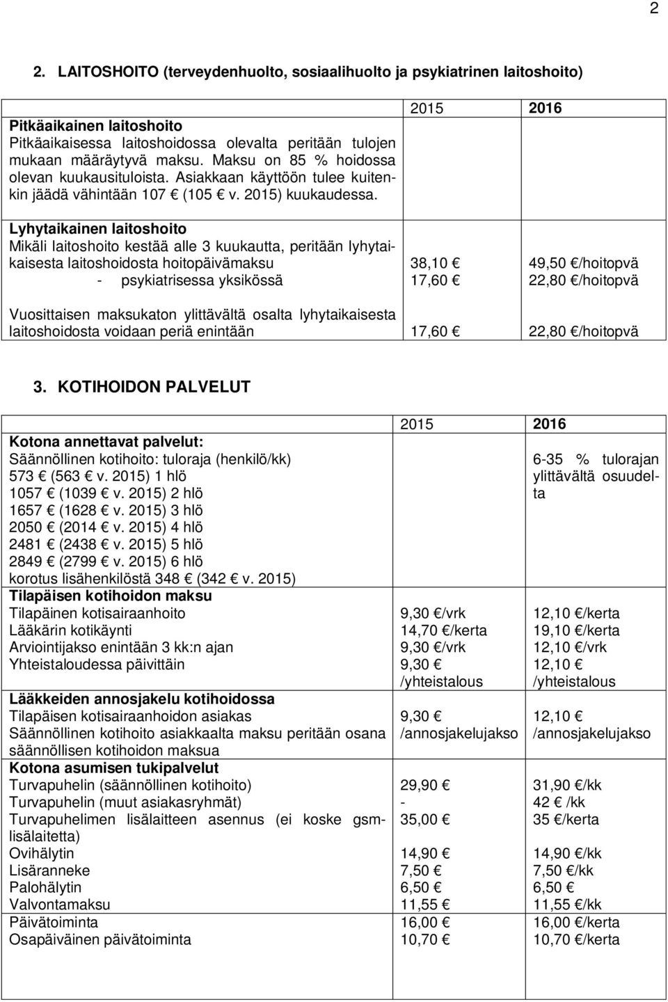 Lyhytaikainen laitoshoito Mikäli laitoshoito kestää alle 3 kuukautta, peritään lyhytaikaisesta laitoshoidosta hoitopäivämaksu - psykiatrisessa yksikössä Vuosittaisen maksukaton ylittävältä osalta