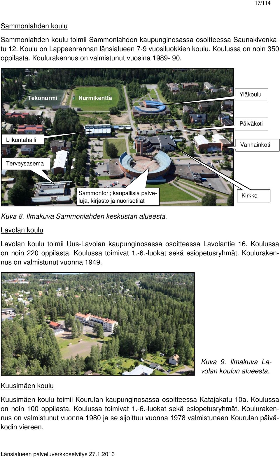 Tekonurmi Nurmikenttä Yläkoulu Päiväkoti Liikuntahalli Vanhainkoti Terveysasema Sammontori; kaupallisia palveluja, kirjasto ja nuorisotilat Kirkko Kuva 8. Ilmakuva Sammonlahden keskustan alueesta.