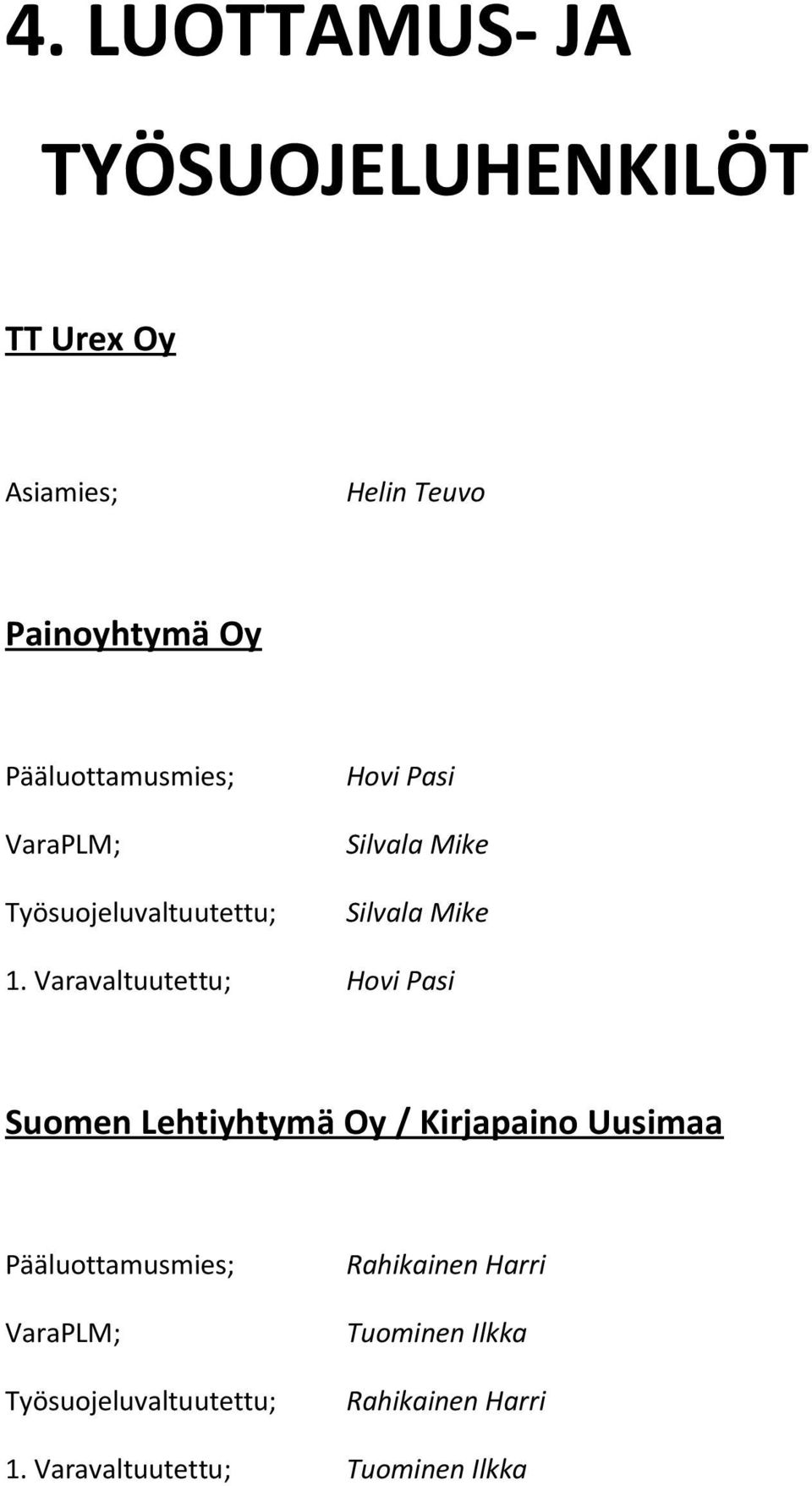 Varavaltuutettu; Hovi Pasi Suomen Lehtiyhtymä Oy / Kirjapaino Uusimaa Pääluottamusmies;