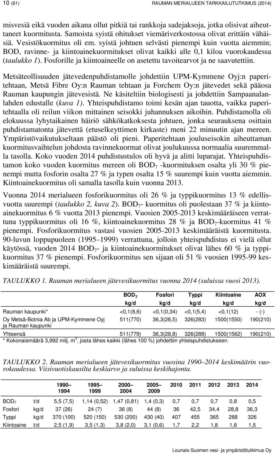 syistä johtuen selvästi pienempi kuin vuotta aiemmin; BOD, ravinne- ja kiintoainekuormitukset olivat kaikki alle 0,1 kiloa vuorokaudessa (taulukko 1).