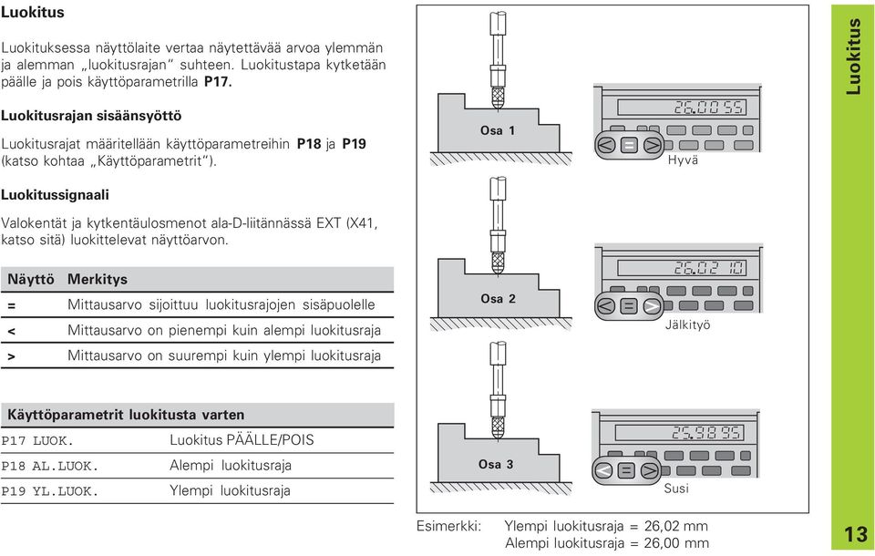 Luokitussignaali Valokentät ja kytkentäulosmenot ala-d-liitännässä EXT (X41, katso sitä) luokittelevat näyttöarvon.