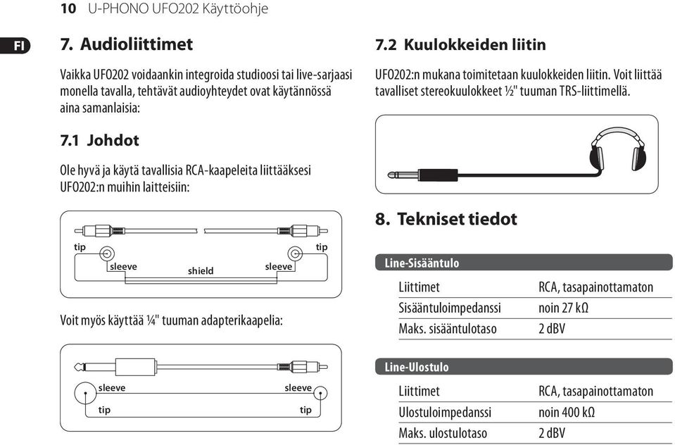 1 Johdot Ole hyvä ja käytä tavallisia RCA-kaapeleita liittääksesi UFO202:n muihin laitteisiin: 8.