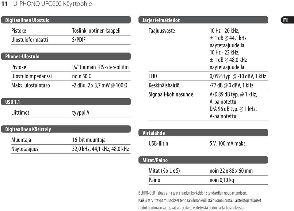 44,1 khz näytetaajuudella 10 Hz - 22 khz, ± 1 db @ 48,0 khz näytetaajuudella 0,05% typ. @ -10 dbv, 1 khz -77 db @ 0 dbv, 1 khz A/D 89 db typ. @ 1 khz, A-painotettu D/A 96 db typ.