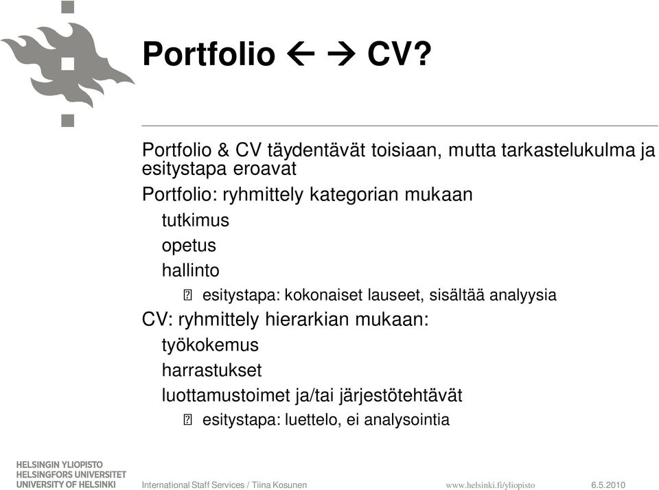 Portfolio: ryhmittely kategorian mukaan tutkimus opetus hallinto esitystapa: