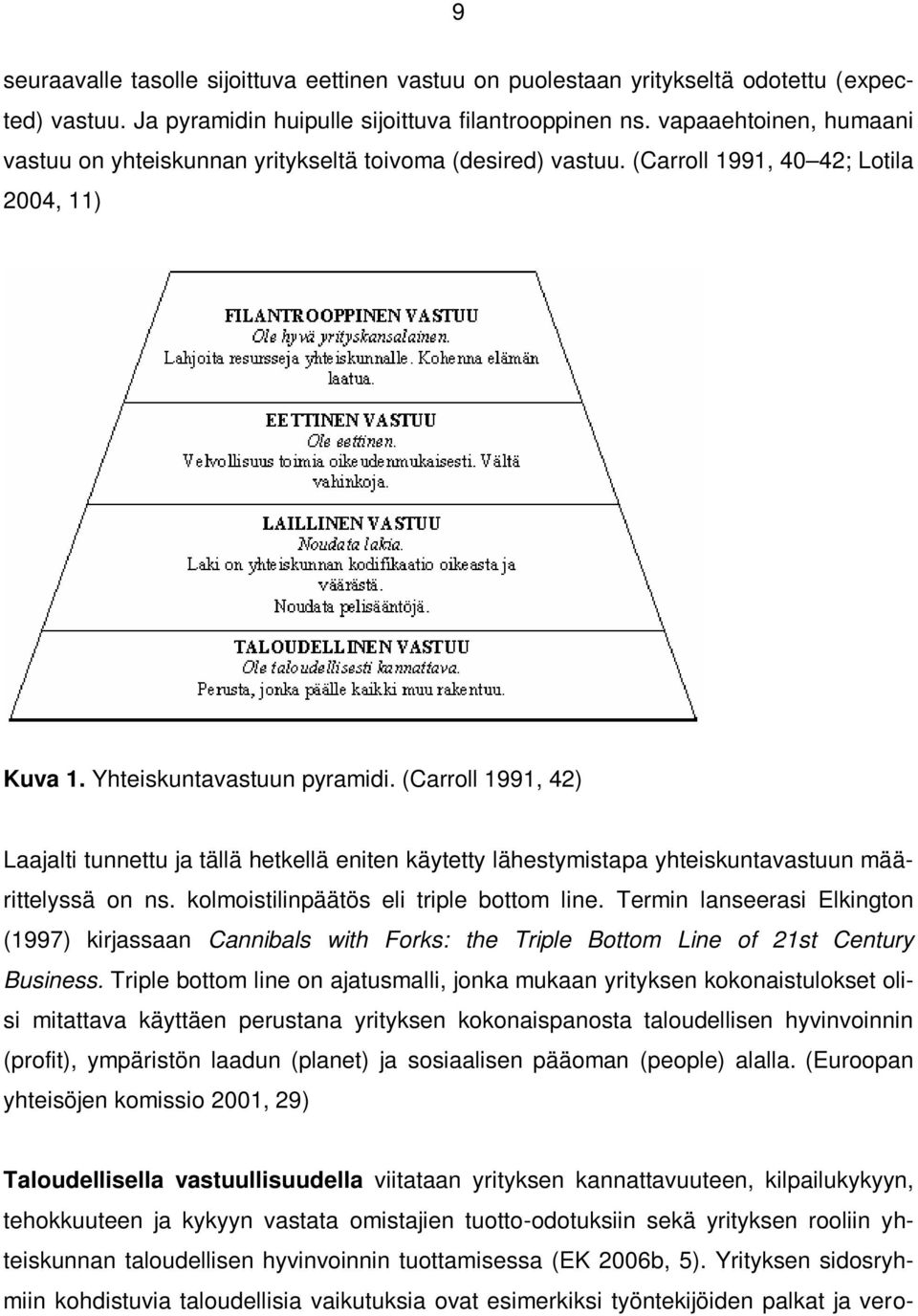 (Carroll 1991, 42) Laajalti tunnettu ja tällä hetkellä eniten käytetty lähestymistapa yhteiskuntavastuun määrittelyssä on ns. kolmoistilinpäätös eli triple bottom line.