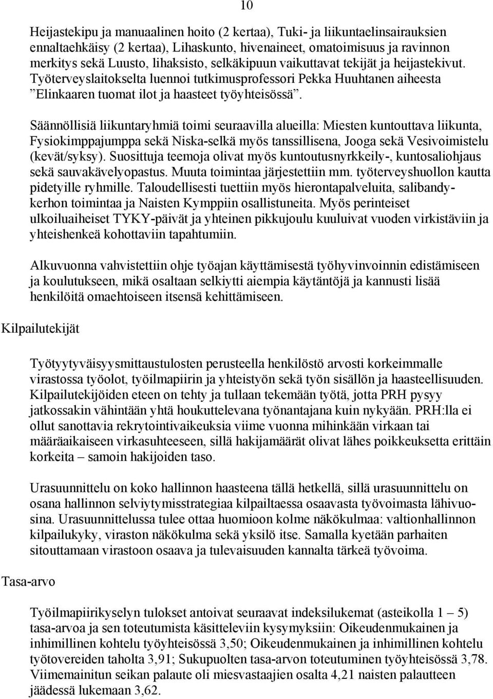 Säännöllisiä liikuntaryhmiä toimi seuraavilla alueilla: Miesten kuntouttava liikunta, Fysiokimppajumppa sekä Niska-selkä myös tanssillisena, Jooga sekä Vesivoimistelu (kevät/syksy).