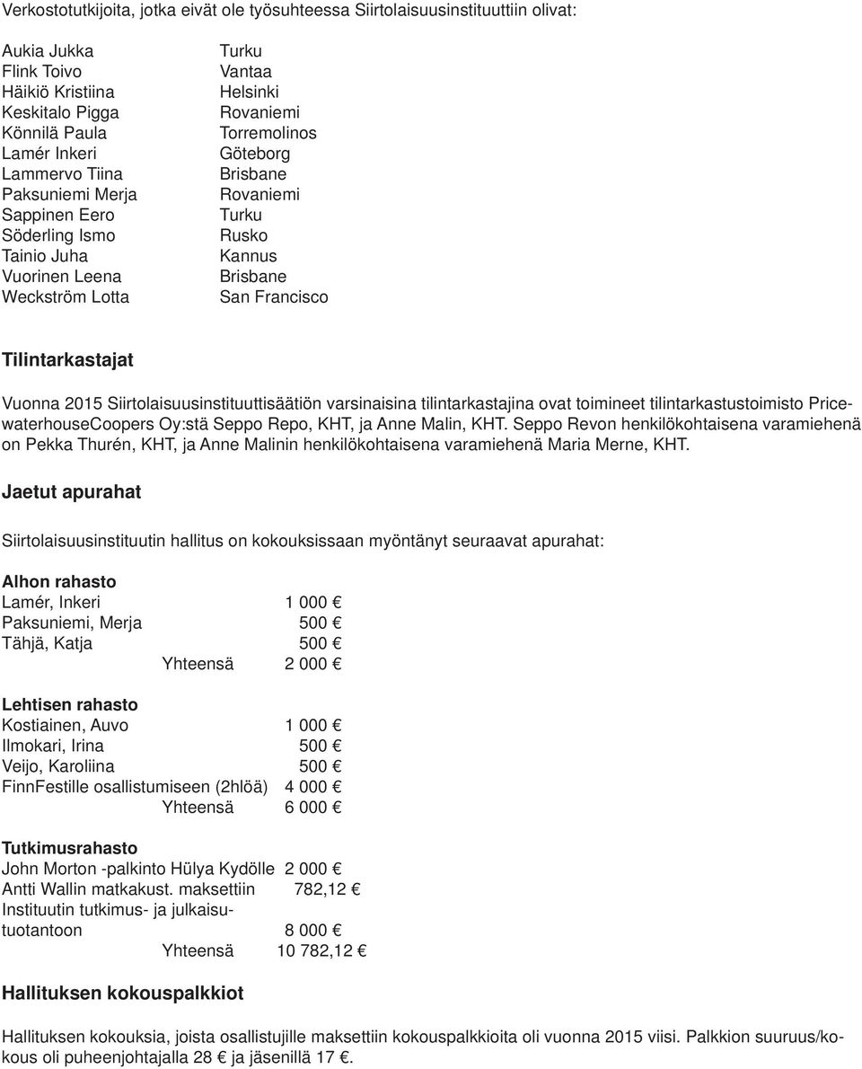 2015 Siirtolaisuusinstituuttisäätiön varsinaisina tilintarkastajina ovat toimineet tilintarkastustoimisto PricewaterhouseCoopers Oy:stä Seppo Repo, KHT, ja Anne Malin, KHT.