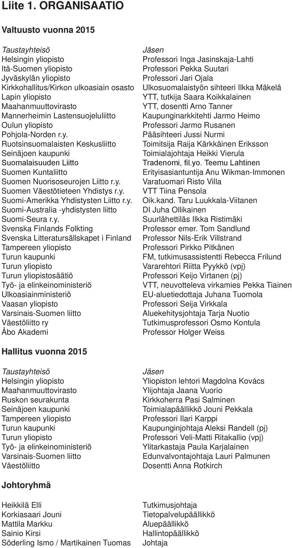 Lastensuojeluliitto Oulun yliopisto Pohjola-Norden r.y. Ruotsinsuomalaisten Keskusliitto Seinäjoen kaupunki Suomalaisuuden Liitto Suomen Kuntaliitto Suomen Nuorisoseurojen Liitto r.y. Suomen Väestötieteen Yhdistys r.