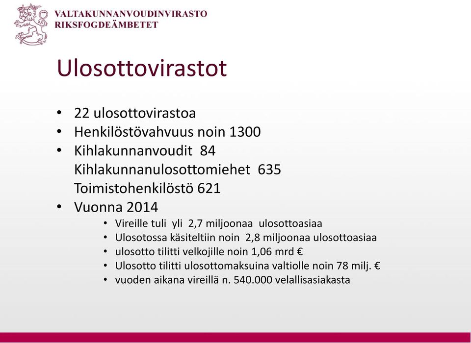 ulosottoasiaa Ulosotossa käsiteltiin noin 2,8 miljoonaa ulosottoasiaa ulosotto tilitti velkojille