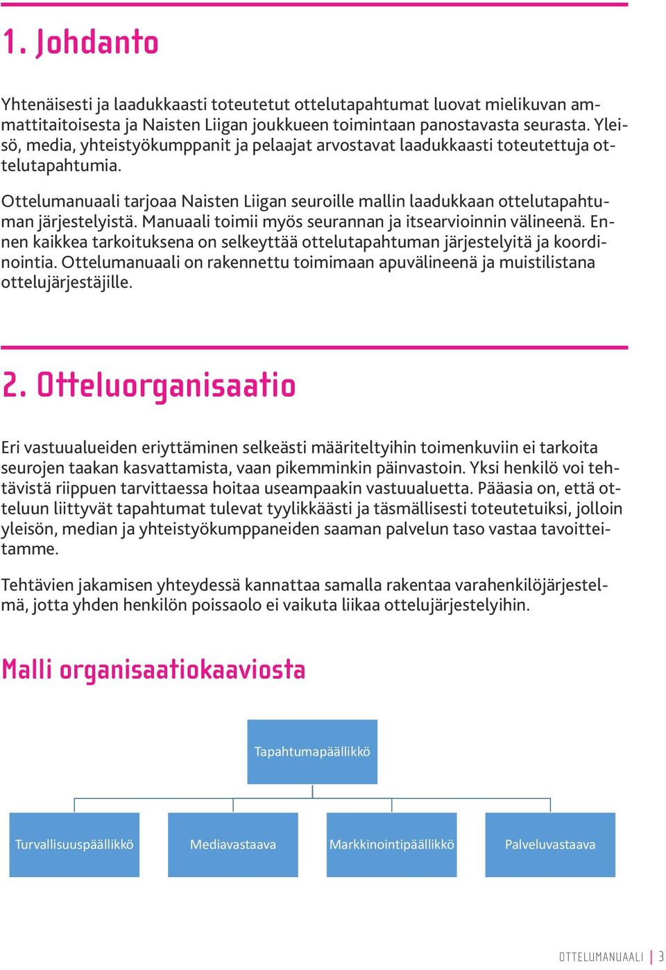 Manuaali toimii myös seurannan ja itsearvioinnin välineenä. Ennen kaikkea tarkoituksena on selkeyttää ottelutapahtuman järjestelyitä ja koordinointia.