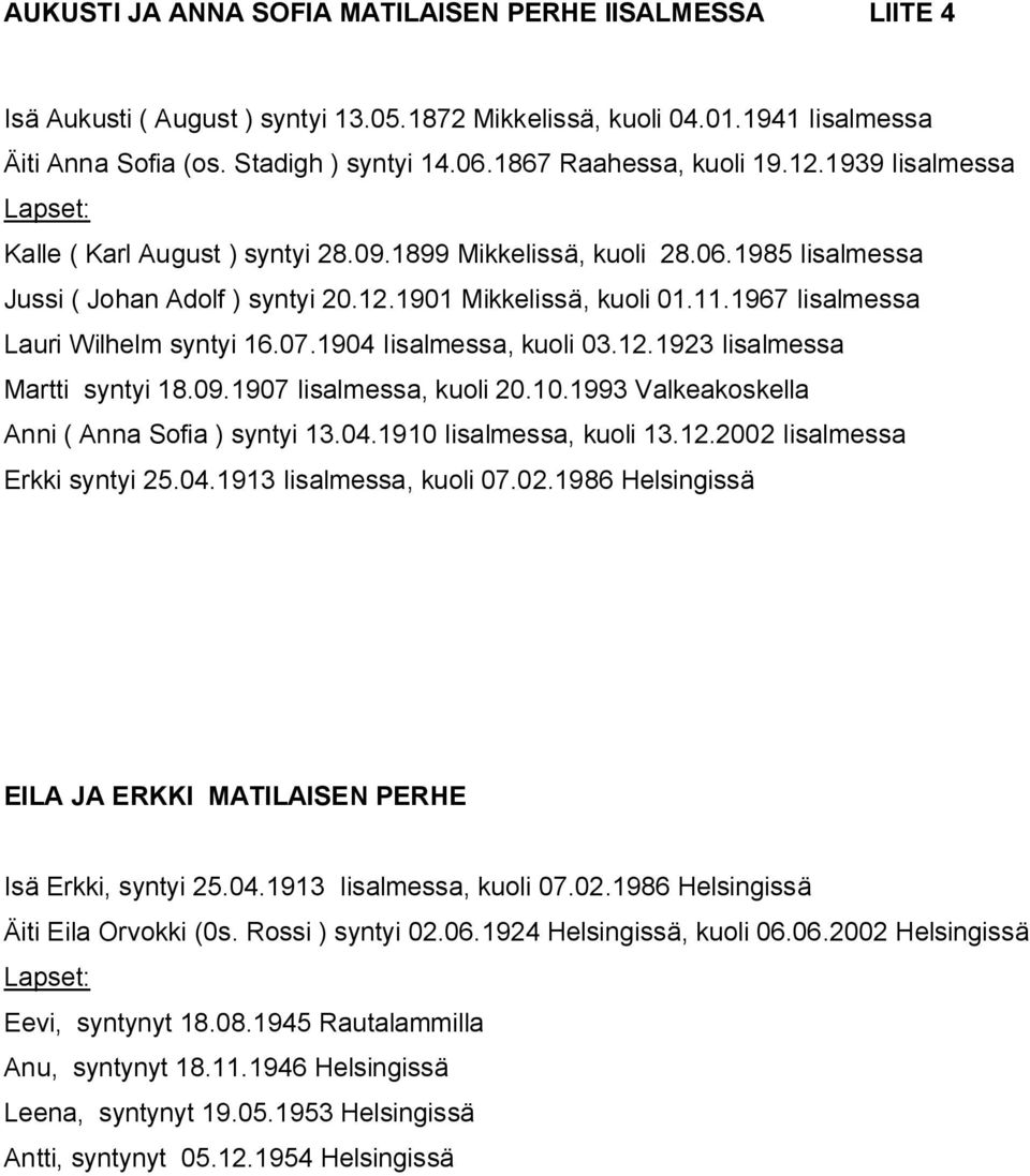 1967 Iisalmessa Lauri Wilhelm syntyi 16.07.1904 Iisalmessa, kuoli 03.12.1923 Iisalmessa Martti syntyi 18.09.1907 Iisalmessa, kuoli 20.10.1993 Valkeakoskella Anni ( Anna Sofia ) syntyi 13.04.1910 Iisalmessa, kuoli 13.