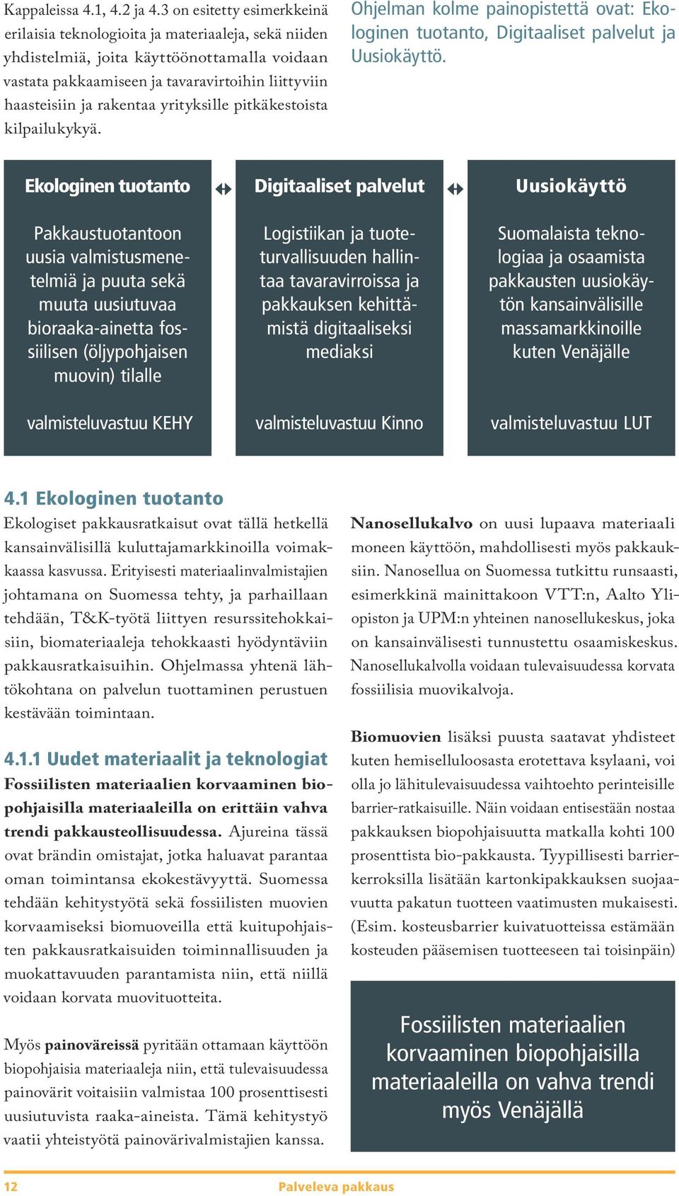 yrityksille pitkäkestoista kilpailukykyä. Ohjelman kolme painopistettä ovat: Ekologinen tuotanto, Digitaaliset palvelut ja Uusiokäyttö.