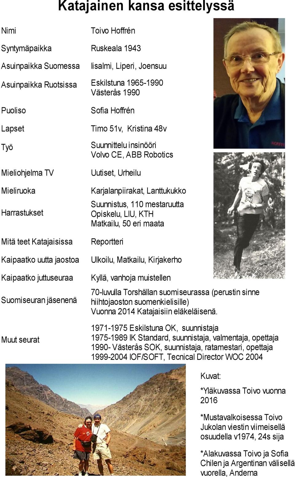 mestaruutta Opiskelu, LIU, KTH Matkailu, 50 eri maata Mitä teet Katajaisissa Reportteri Kaipaatko uutta jaostoa Ulkoilu, Matkailu, Kirjakerho Kaipaatko juttuseuraa Kyllä, vanhoja muistellen