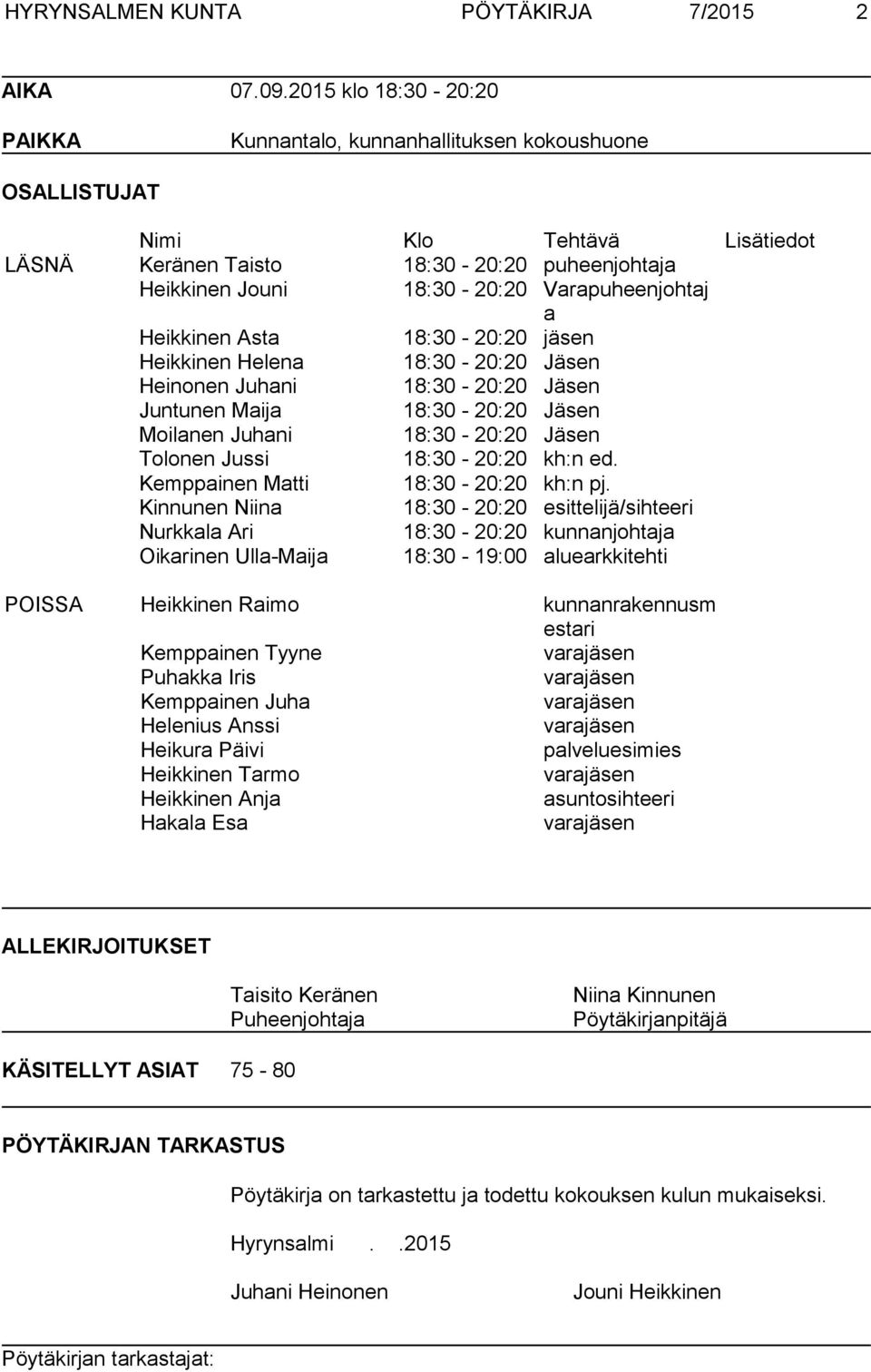 Varapuheenjohtaj a Heikkinen Asta 18:30-20:20 jäsen Heikkinen Helena 18:30-20:20 Jäsen Heinonen Juhani 18:30-20:20 Jäsen Juntunen Maija 18:30-20:20 Jäsen Moilanen Juhani 18:30-20:20 Jäsen Tolonen