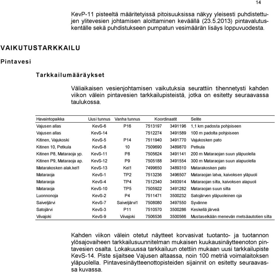 14 VAIKUTUSTARKKAILU Pintavesi Tarkkailumääräykset Väliaikaisen vesienjohtamisen vaikutuksia seurattiin tihennetysti kahden viikon välein pintavesien tarkkailupisteistä, jotka on esitetty seuraavassa