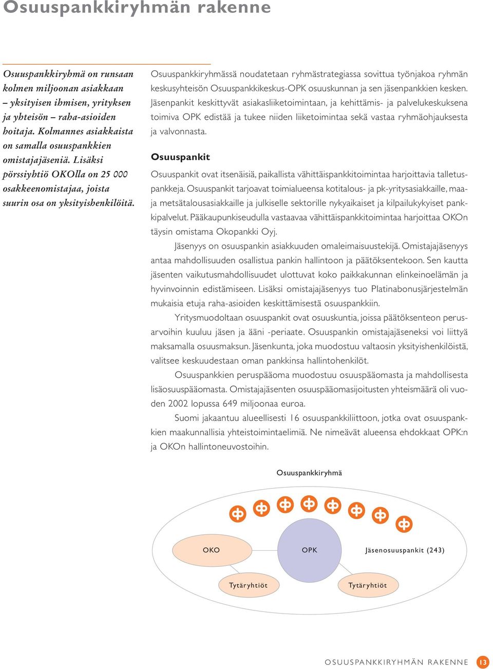 Osuuspankkiryhmässä noudatetaan ryhmästrategiassa sovittua työnjakoa ryhmän keskusyhteisön Osuuspankkikeskus-OPK osuuskunnan ja sen jäsenpankkien kesken.