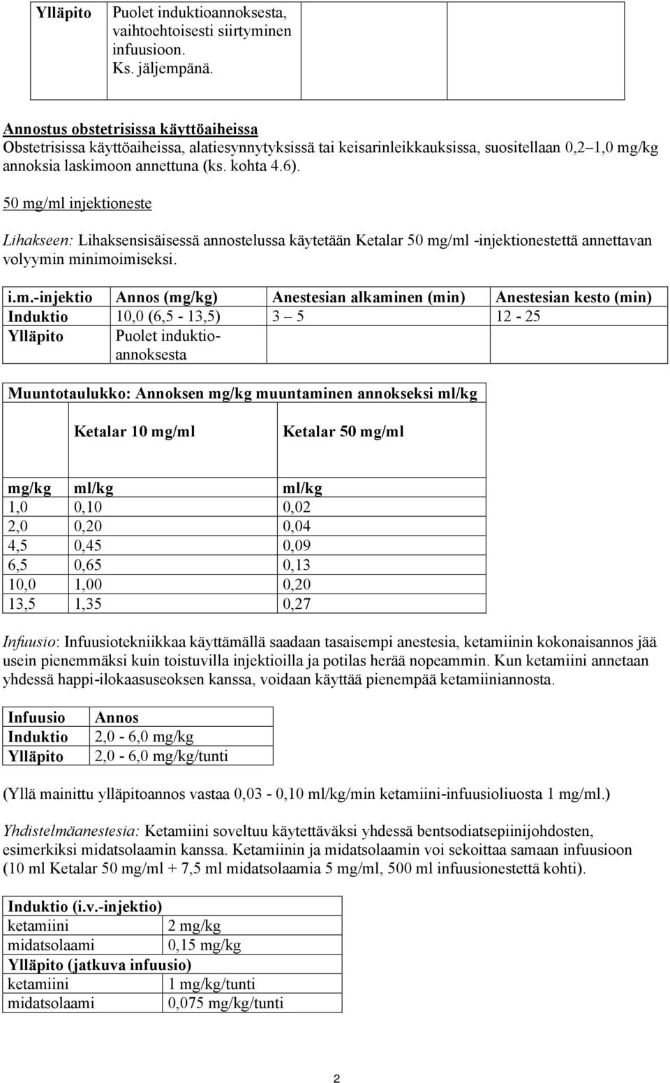 50 mg/ml injektioneste Lihakseen: Lihaksensisäisessä annostelussa käytetään Ketalar 50 mg/ml -injektionestettä annettavan volyymin minimoimiseksi. i.m.-injektio Annos (mg/kg) Anestesian alkaminen