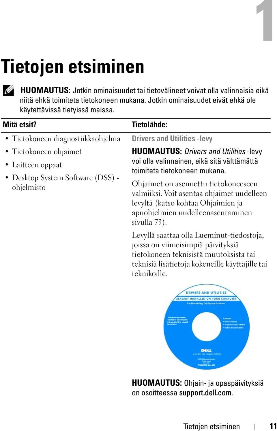 Tietokoneen diagnostiikkaohjelma Tietokoneen ohjaimet Laitteen oppaat Desktop System Software (DSS) - ohjelmisto Tietolähde: Drivers and Utilities -levy HUOMAUTUS: Drivers and Utilities -levy voi