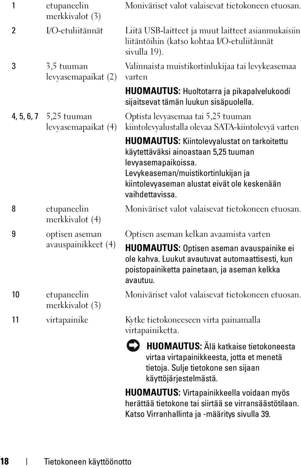 3 3,5 tuuman levyasemapaikat (2) 4, 5, 6, 7 5,25 tuuman levyasemapaikat (4) 8 etupaneelin merkkivalot (4) 9 optisen aseman avauspainikkeet (4) Valinnaista muistikortinlukijaa tai levykeasemaa varten