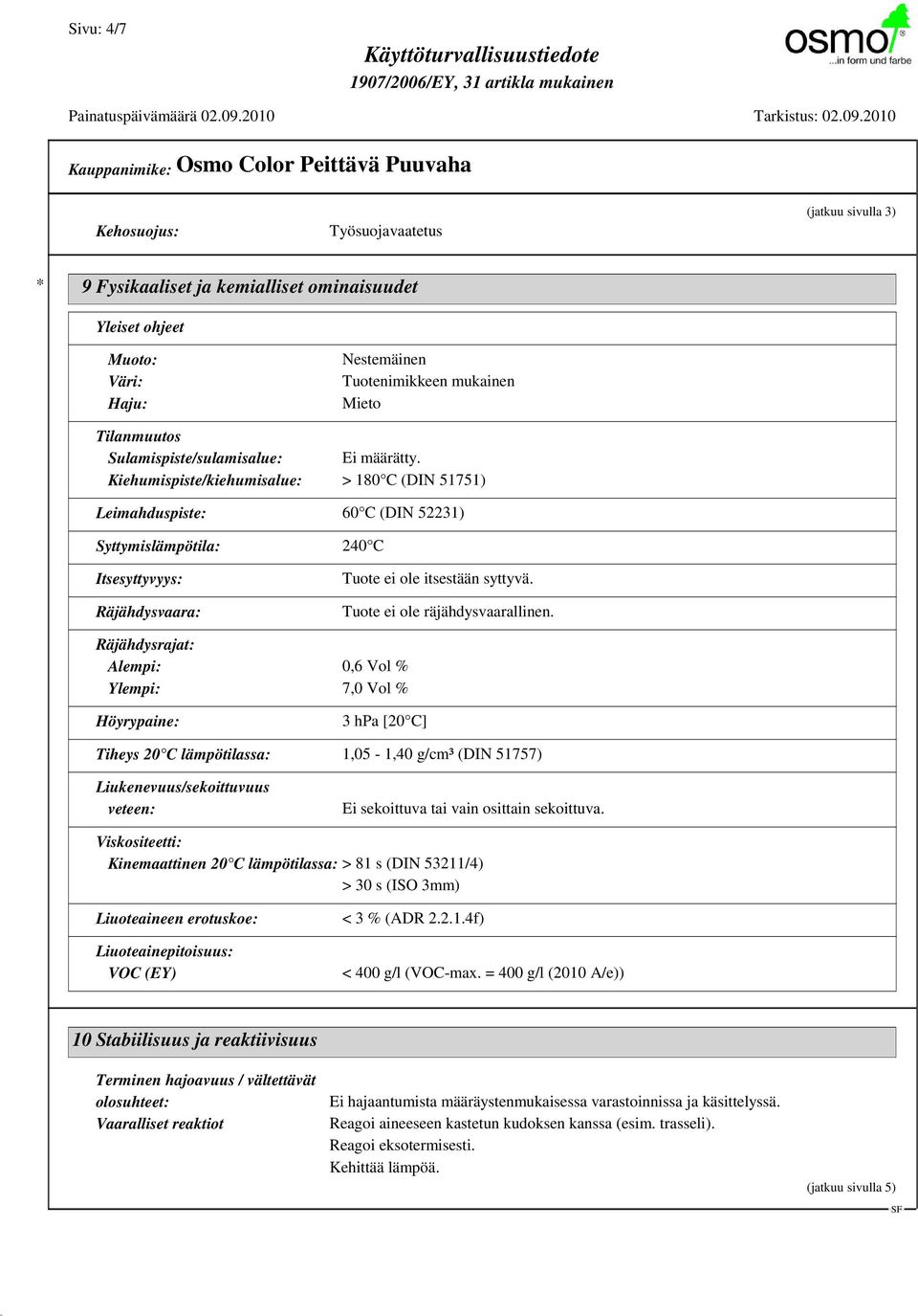 Kiehumispiste/kiehumisalue: > 180 C (DIN 51751) Leimahduspiste: 60 C (DIN 52231) Syttymislämpötila: 240 C Itsesyttyvyys: Räjähdysvaara: Tuote ei ole itsestään syttyvä.
