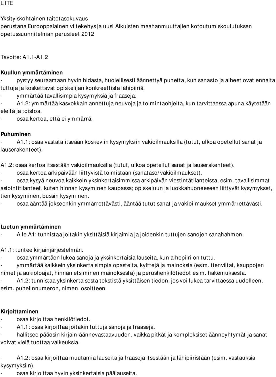 - ymmärtää tavallisimpia kysymyksiä ja fraaseja. - A1.2: ymmärtää kasvokkain annettuja neuvoja ja toimintaohjeita, kun tarvittaessa apuna käytetään eleitä ja toistoa. - osaa kertoa, että ei ymmärrä.