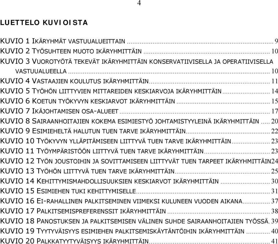 .. 15 KUVIO 7 IKÄJOHTAMISEN OSA ALUEET... 17 KUVIO 8 SAIRAANHOITAJIEN KOKEMA ESIMIESTYÖ JOHTAMISTYYLEINÄ IKÄRYHMITTÄIN... 20 KUVIO 9 ESIMIEHELTÄ HALUTUN TUEN TARVE IKÄRYHMITTÄIN.