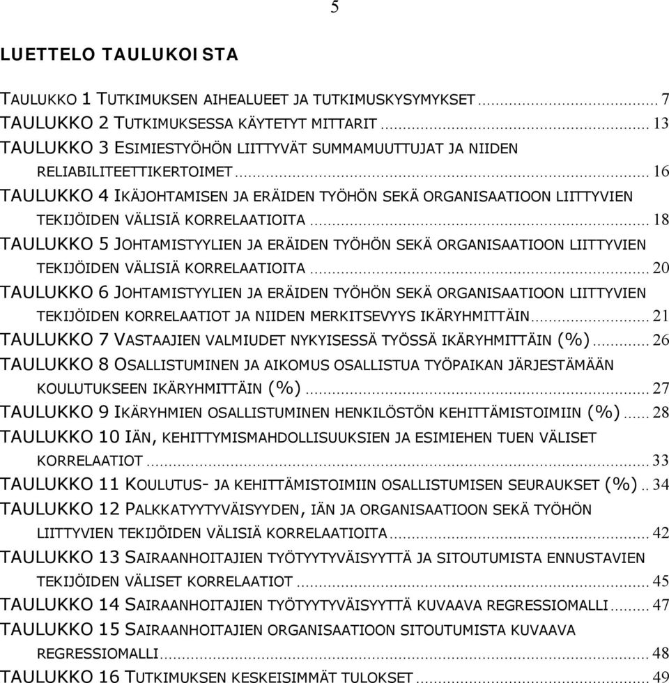 .. 16 TAULUKKO 4 IKÄJOHTAMISEN JA ERÄIDEN TYÖHÖN SEKÄ ORGANISAATIOON LIITTYVIEN TEKIJÖIDEN VÄLISIÄ KORRELAATIOITA.