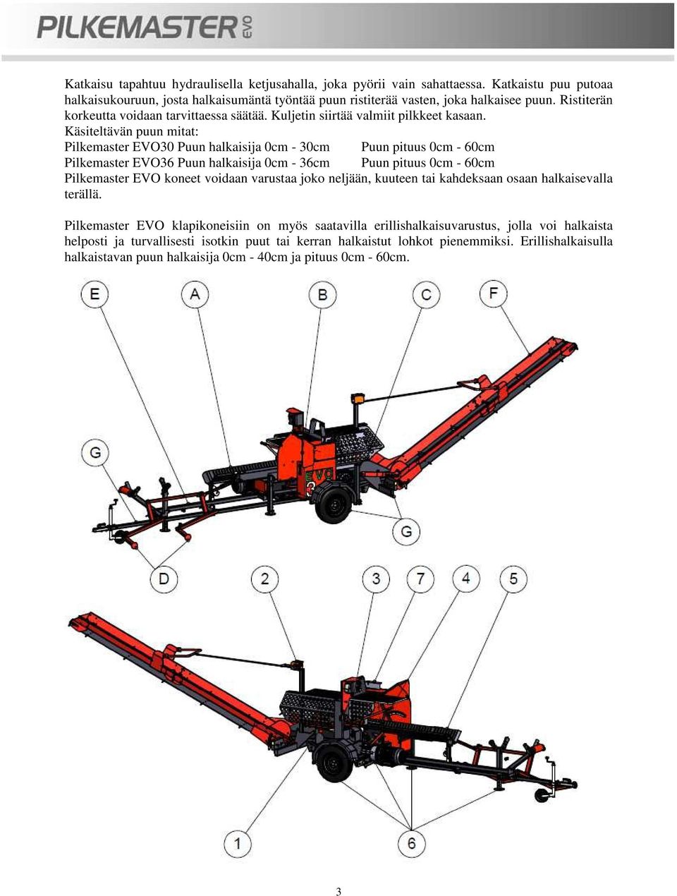 Käsiteltävän puun mitat: Pilkemaster EVO30 Puun halkaisija 0cm - 30cm Puun pituus 0cm - 60cm Pilkemaster EVO36 Puun halkaisija 0cm - 36cm Puun pituus 0cm - 60cm Pilkemaster EVO koneet voidaan