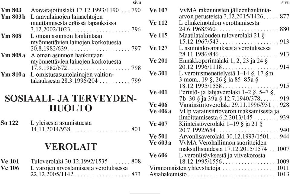 9.1982/672.................... 798 Ym 810a L omistusasuntolainojen valtiontakauksesta 28.3.1996/204.......... 799 SOSIAALI- JA TERVEYDEN- HUOLTO So 122 L yleisestä asumistuesta 14.11.2014/938.