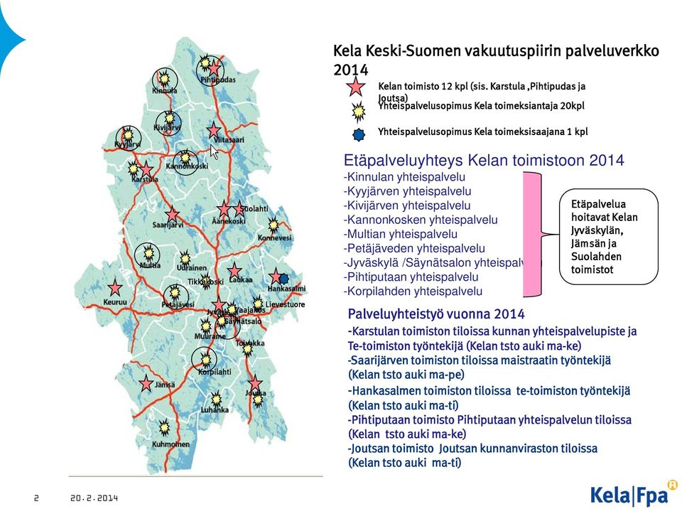 Etäpalveluyhteys Kelan toimistoon 2014 -Kinnulan yhteispalvelu -Kyyjärven yhteispalvelu -Kivijärven yhteispalvelu -Kannonkosken yhteispalvelu -Multian yhteispalvelu -Petäjäveden yhteispalvelu