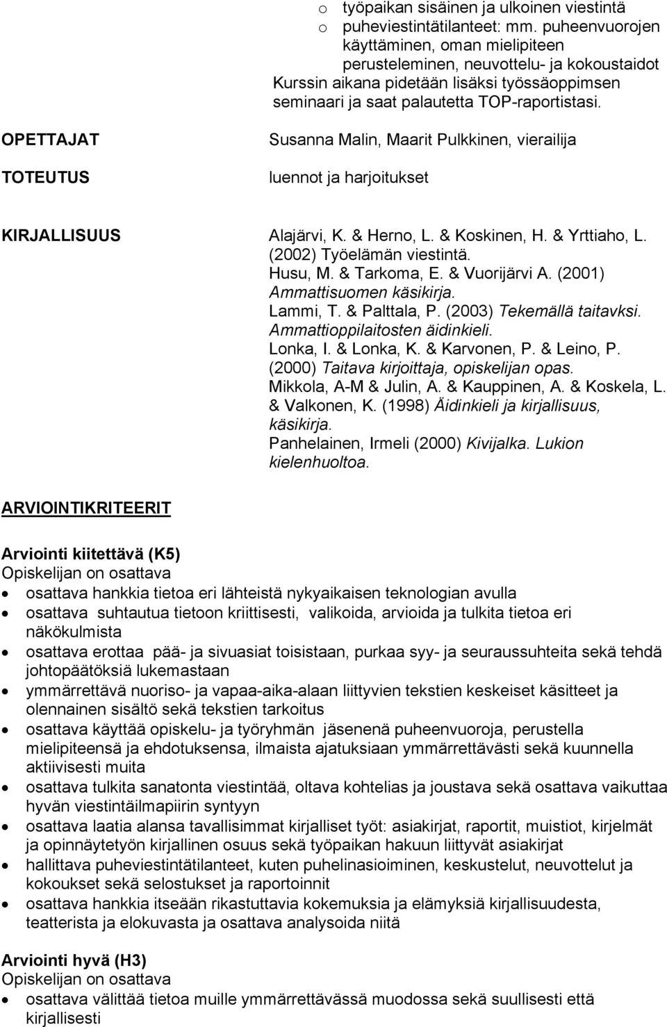 TOTEUTUS Susanna Malin, Maarit Pulkkinen, vierailija luennot ja harjoitukset KIRJALLISUUS Alajärvi, K. & Herno, L. & Koskinen, H. & Yrttiaho, L. (2002) Työelämän viestintä. Husu, M. & Tarkoma, E.