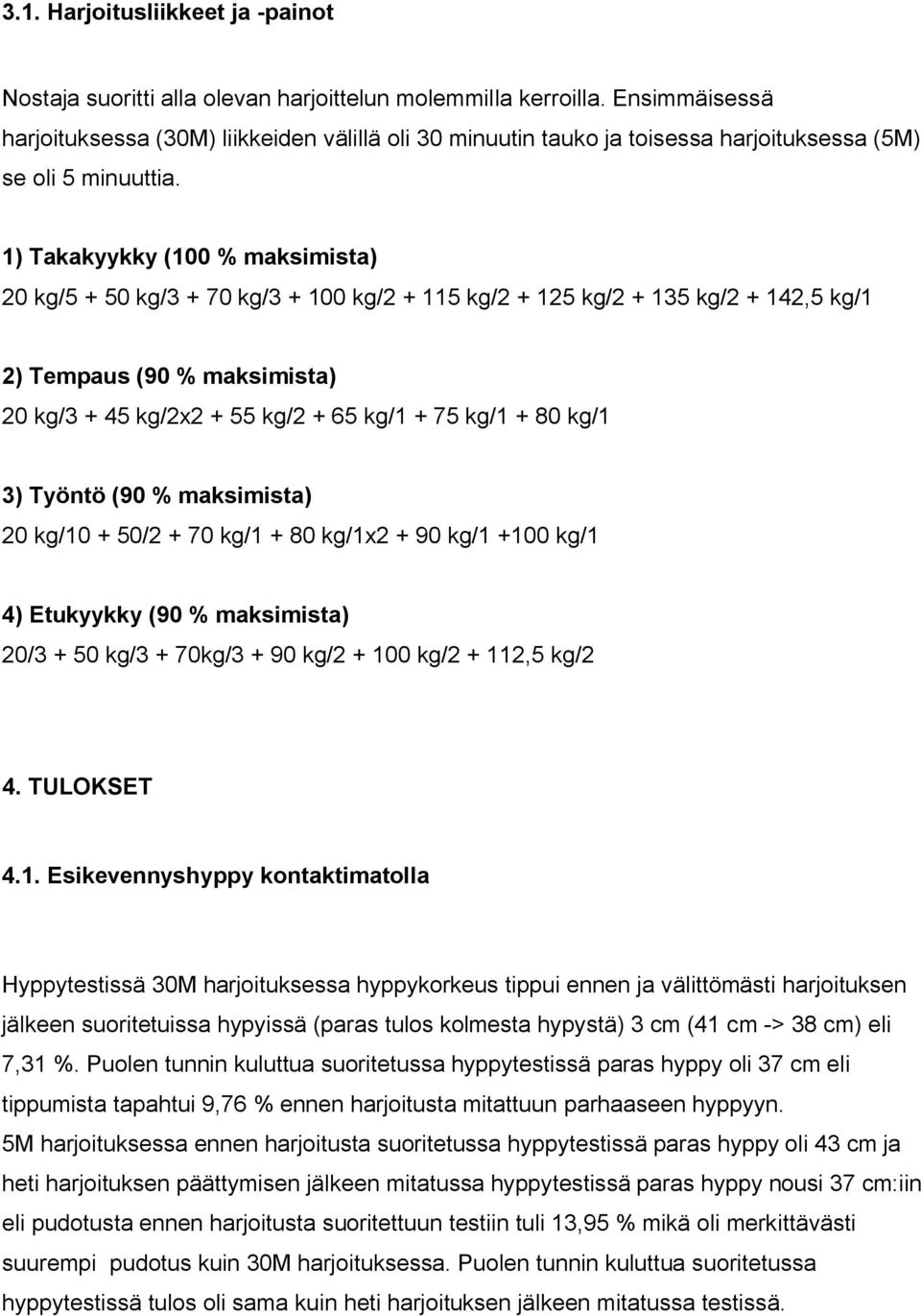 1) Takakyykky (100 % maksimista) 20 kg/5 + 50 kg/3 + 70 kg/3 + 100 kg/2 + 115 kg/2 + 125 kg/2 + 135 kg/2 + 142,5 kg/1 2) Tempaus (90 % maksimista) 20 kg/3 + 45 kg/2x2 + 55 kg/2 + 65 kg/1 + 75 kg/1 +