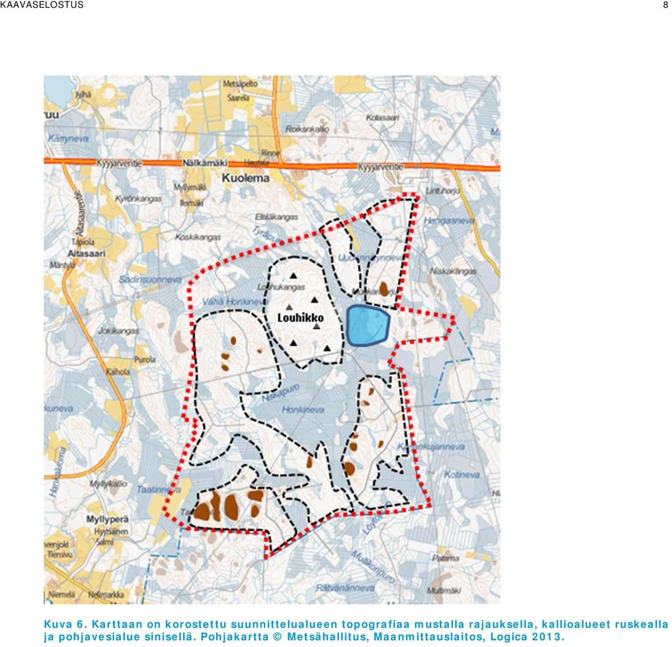 topografiaa mustalla rajauksella, kallioalueet