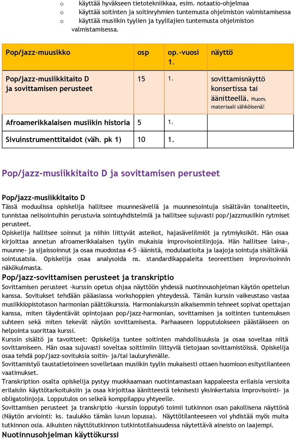 -vuosi 1. näyttö Pop/jazz-musiikkitaito D ja sovittamisen perusteet 15 1. sovittamisnäyttö konsertissa tai äänitteellä. Huom. materiaali sähköisenä! Afroamerikkalaisen musiikin historia 5 1.