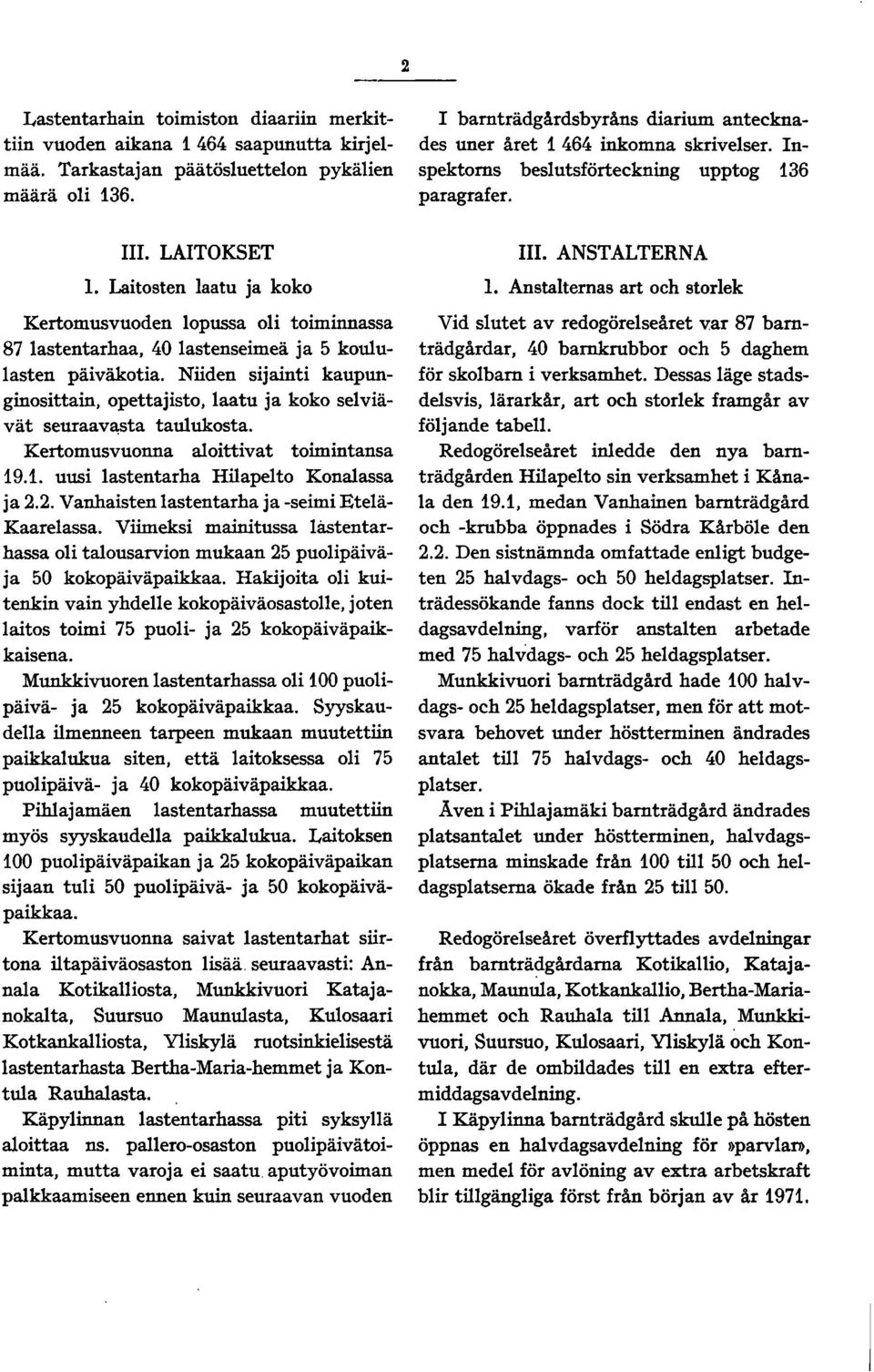 Niiden sijainti kaupunginosittain, opettajisto, laatu ja koko selviävät seuraava,sta taulukosta. Kertomusvuonna aloittivat toimintansa 9.. uusi lastentarha Hilapelto Konalassa ja.